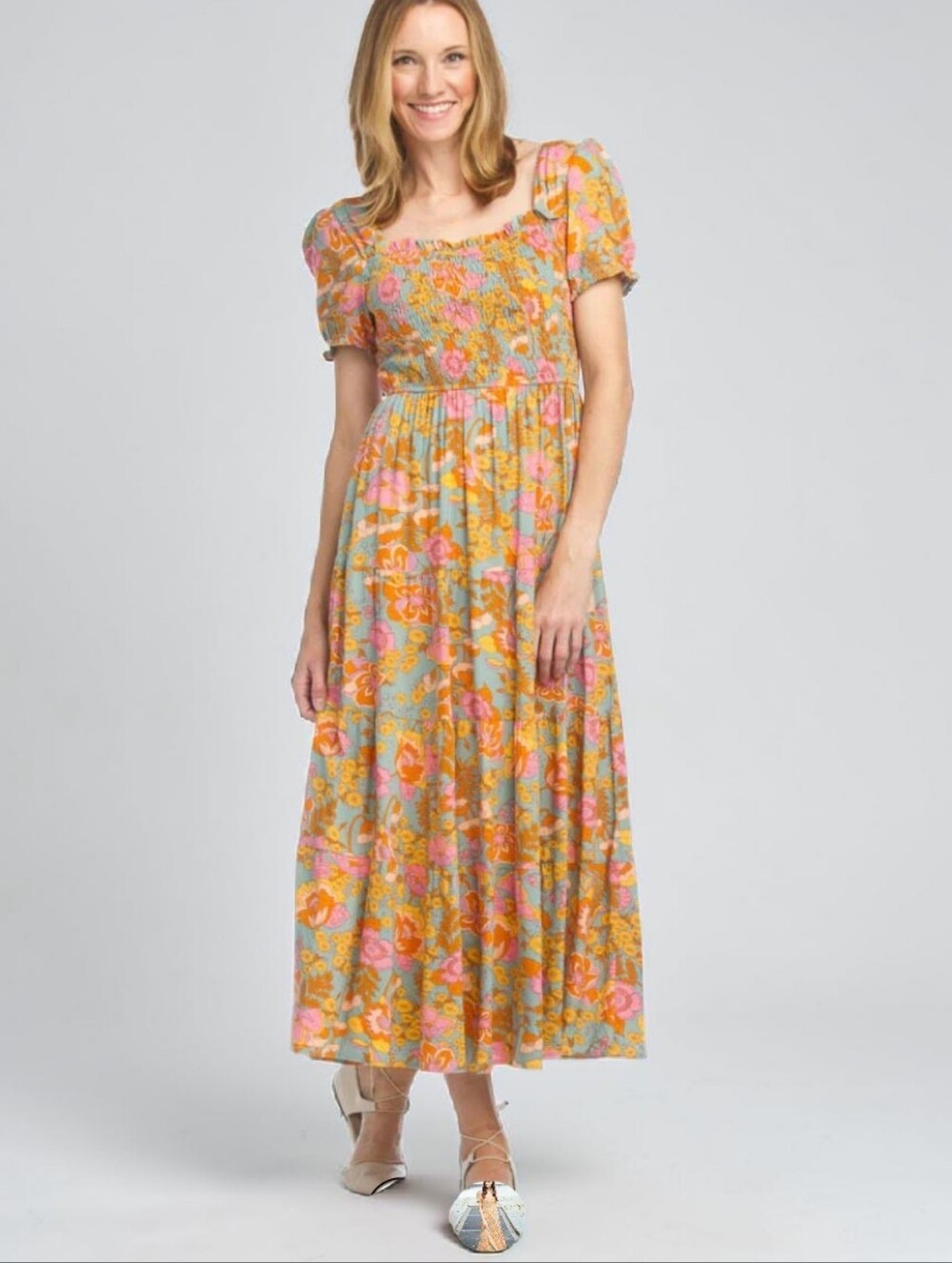 Papillon Sage Retro Floral Print Maxi Dress